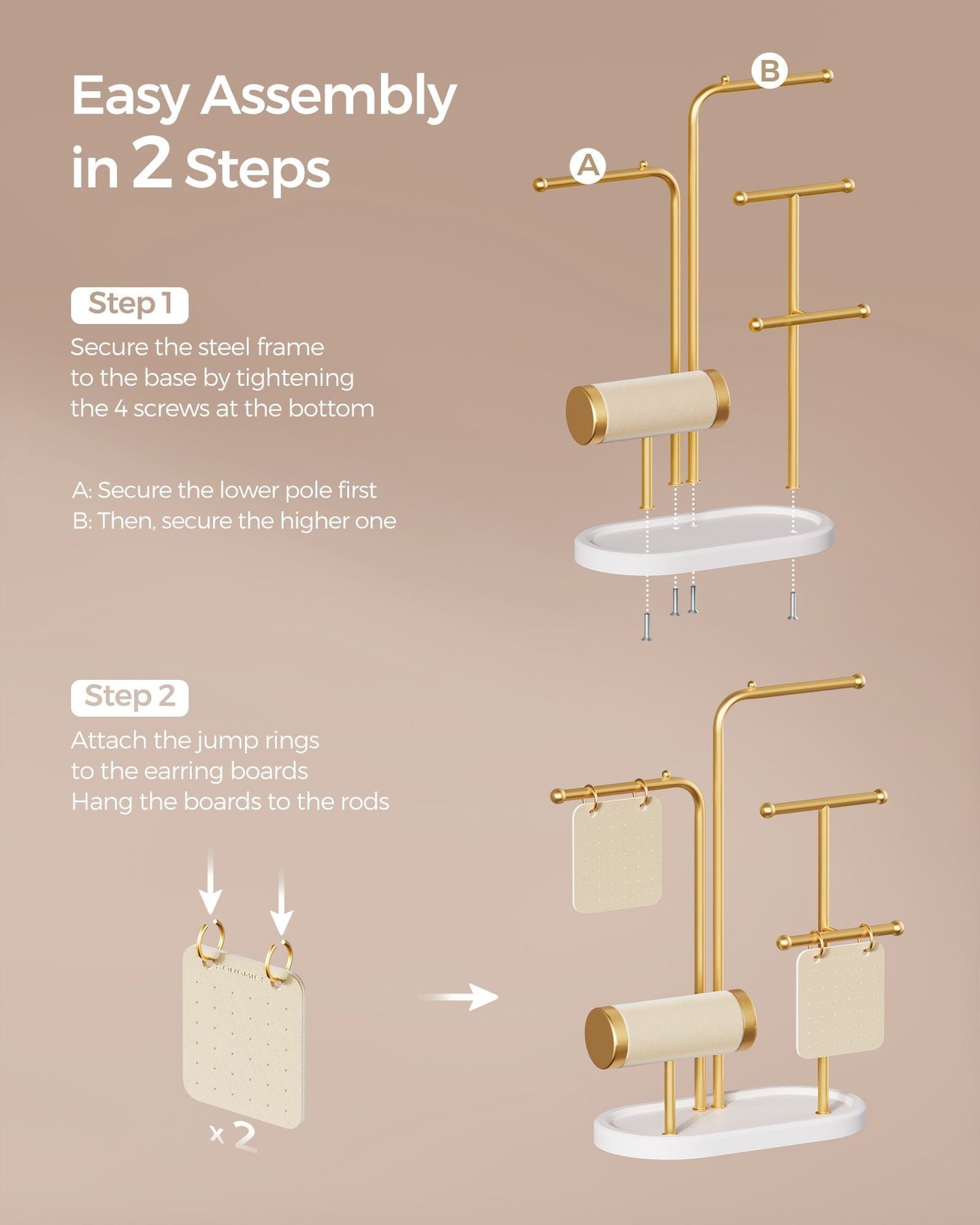 Jewellery Stand - Metal - Metallic Gold - Organiser with 4 Hanging Rods and 2 Earring Boards