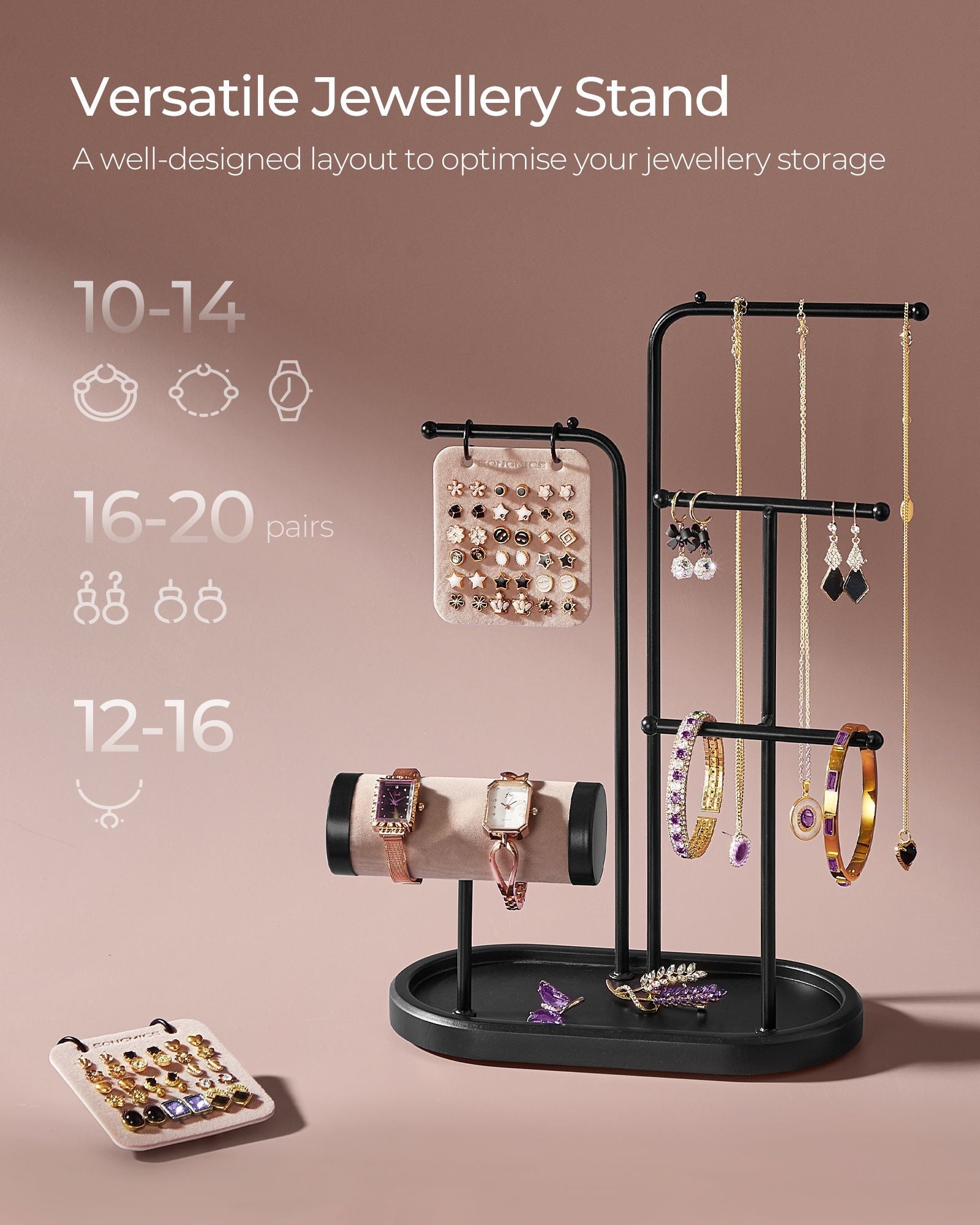 Jewellery Stand - Metal - Ink Black - 4 Hanging Rods with Earring Boards
