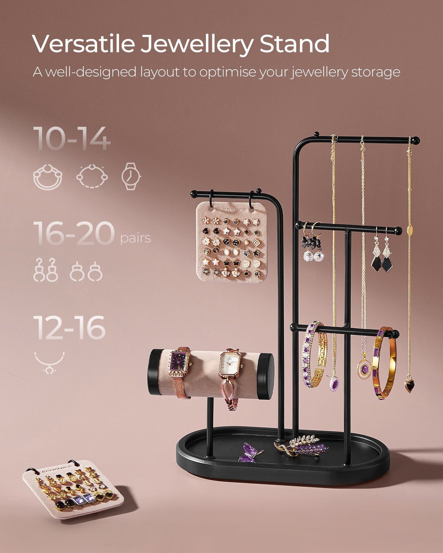 Jewellery Stand - Metal - Ink Black - 4 Hanging Rods with Earring Boards
