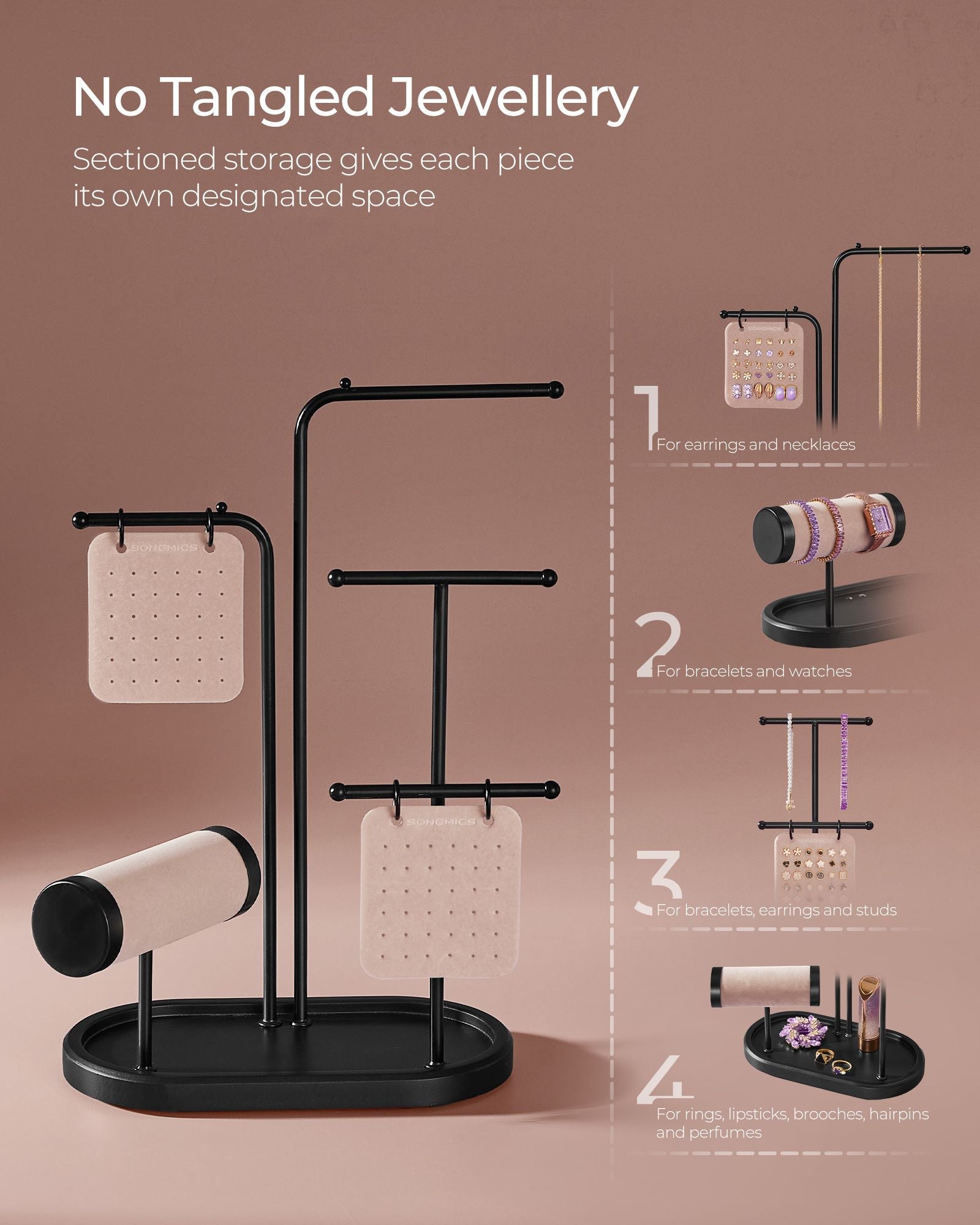 Jewellery Stand - Metal - Ink Black - 4 Hanging Rods with Earring Boards