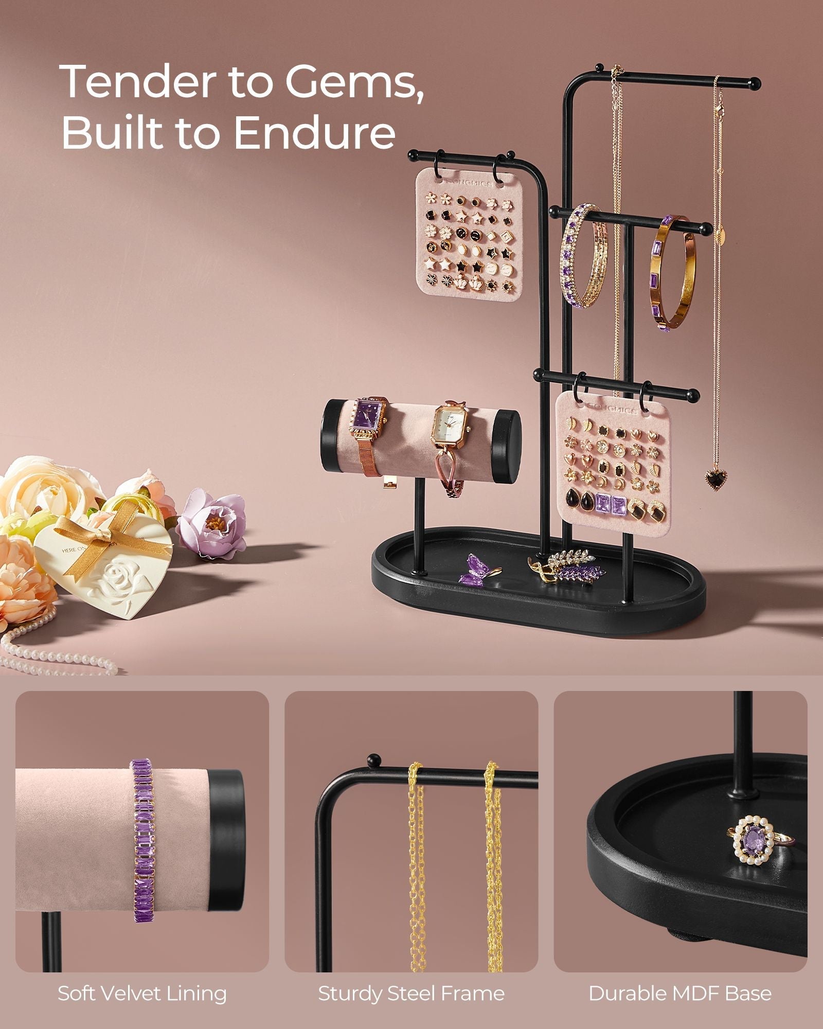 Jewellery Stand - Metal - Ink Black - 4 Hanging Rods with Earring Boards
