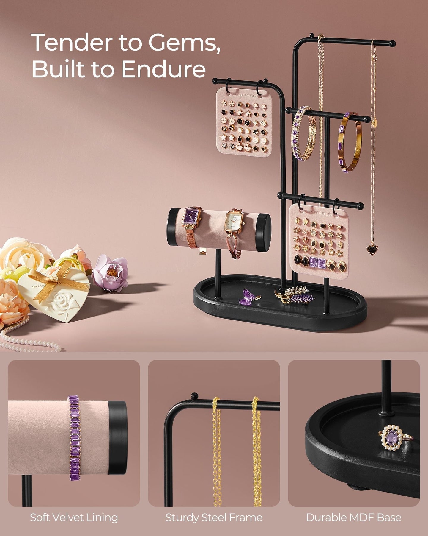 Jewellery Stand - Metal - Ink Black - 4 Hanging Rods with Earring Boards