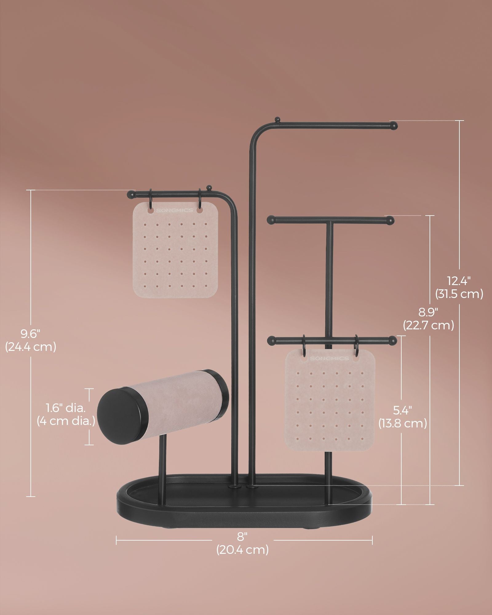 Jewellery Stand - Metal - Ink Black - 4 Hanging Rods with Earring Boards