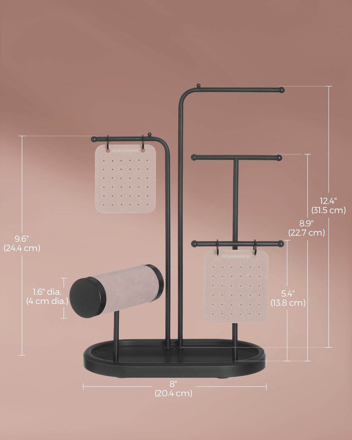 Jewellery Stand - Metal - Ink Black - 4 Hanging Rods with Earring Boards