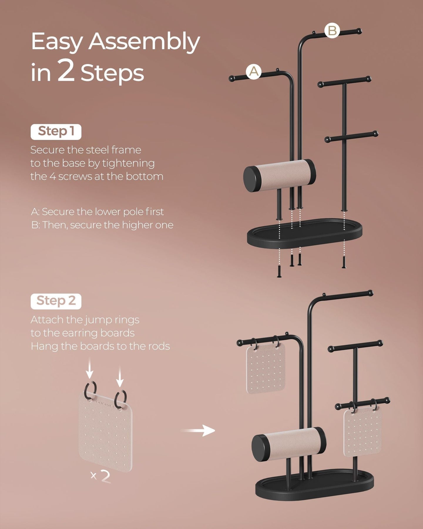 Jewellery Stand - Metal - Ink Black - 4 Hanging Rods with Earring Boards