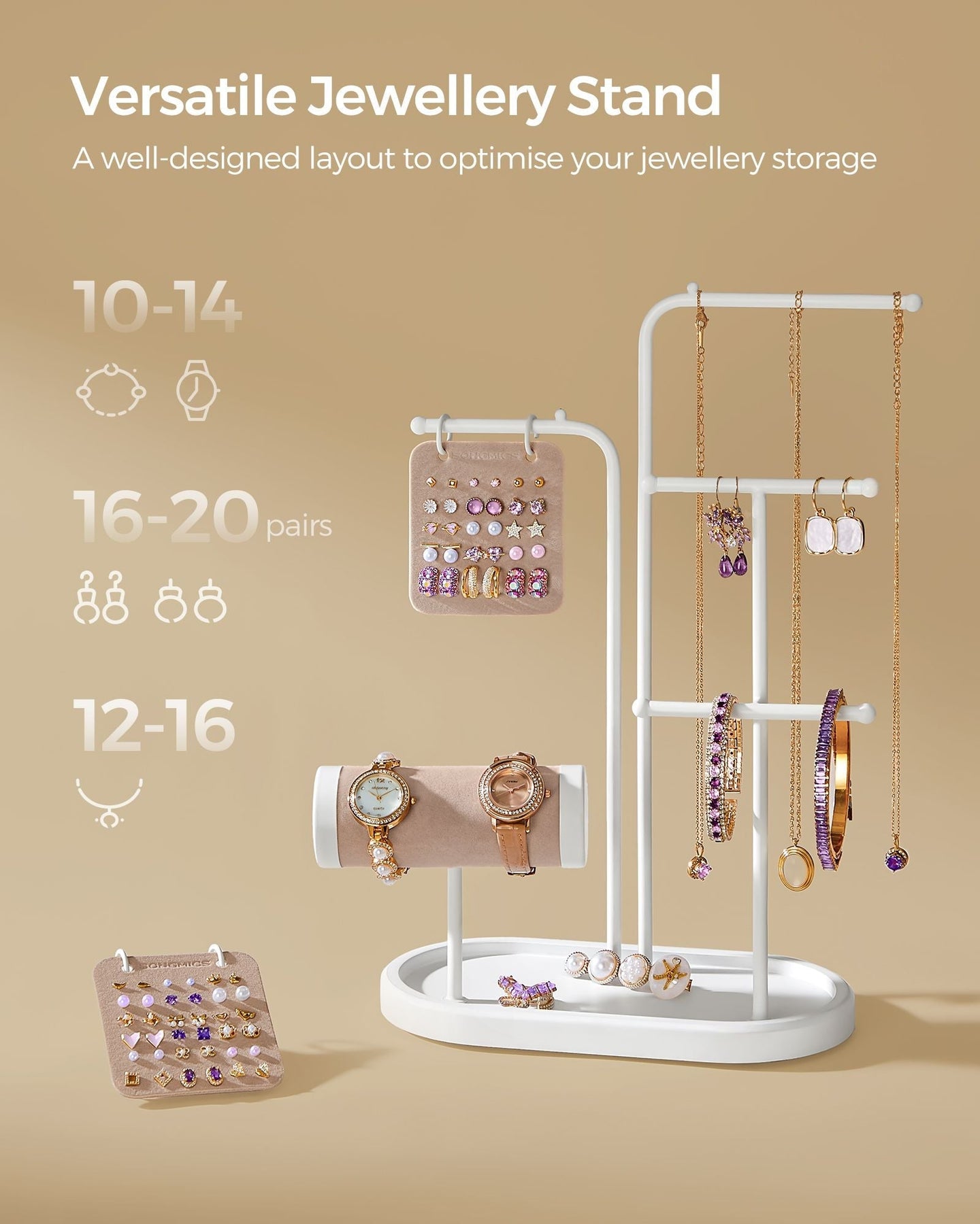 Jewellery Stand - Metal - Cloud White - 4 Hanging Rods and 2 Earring Boards