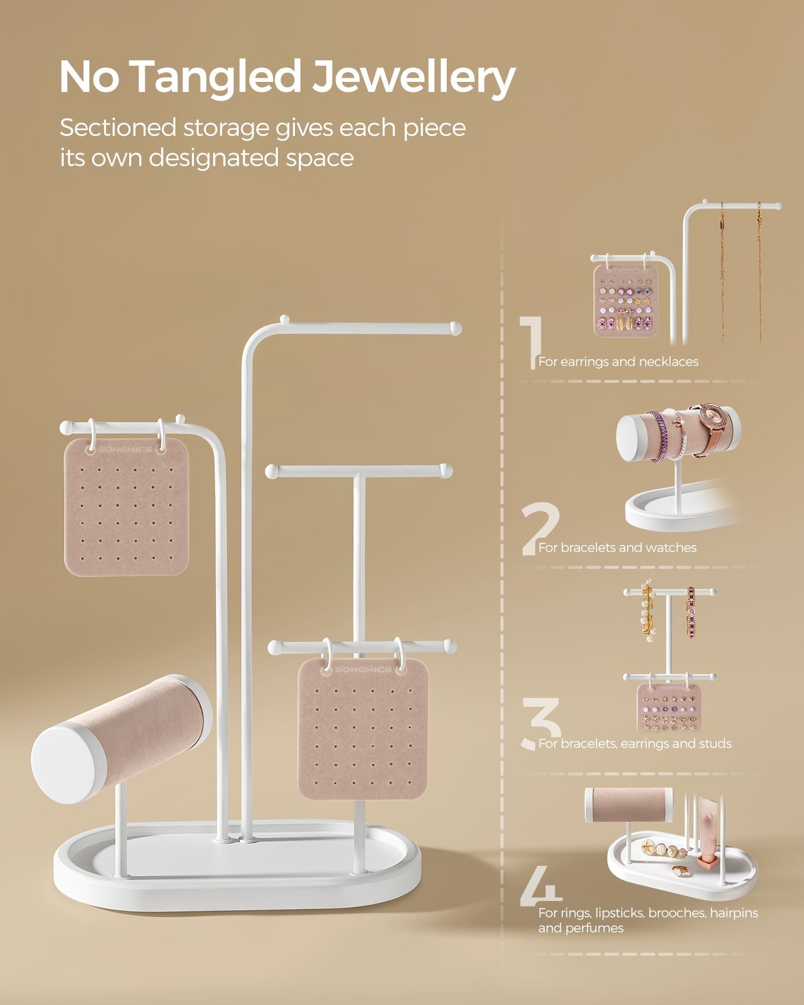 Jewellery Stand - Metal - Cloud White - 4 Hanging Rods and 2 Earring Boards