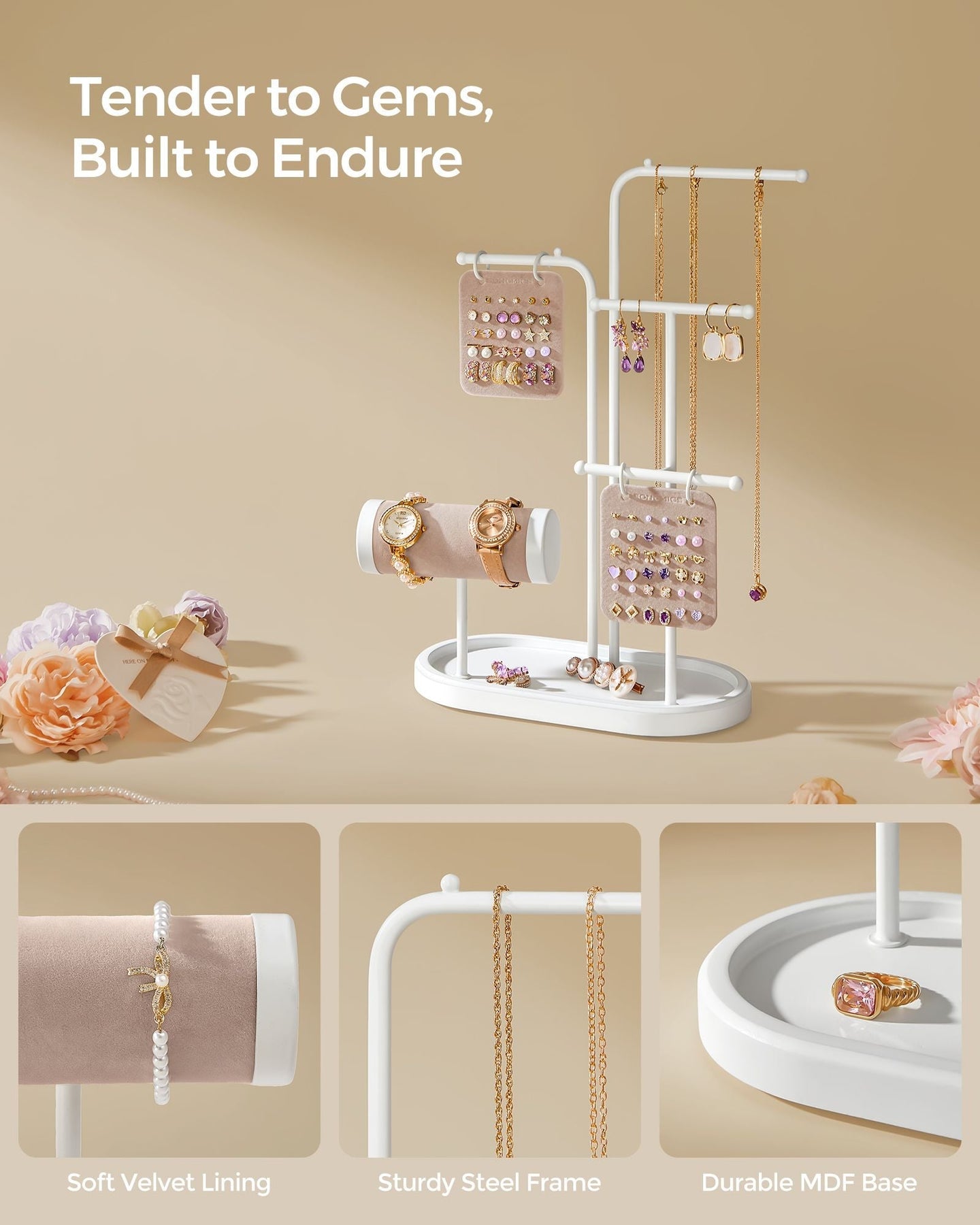 Jewellery Stand - Metal - Cloud White - 4 Hanging Rods and 2 Earring Boards