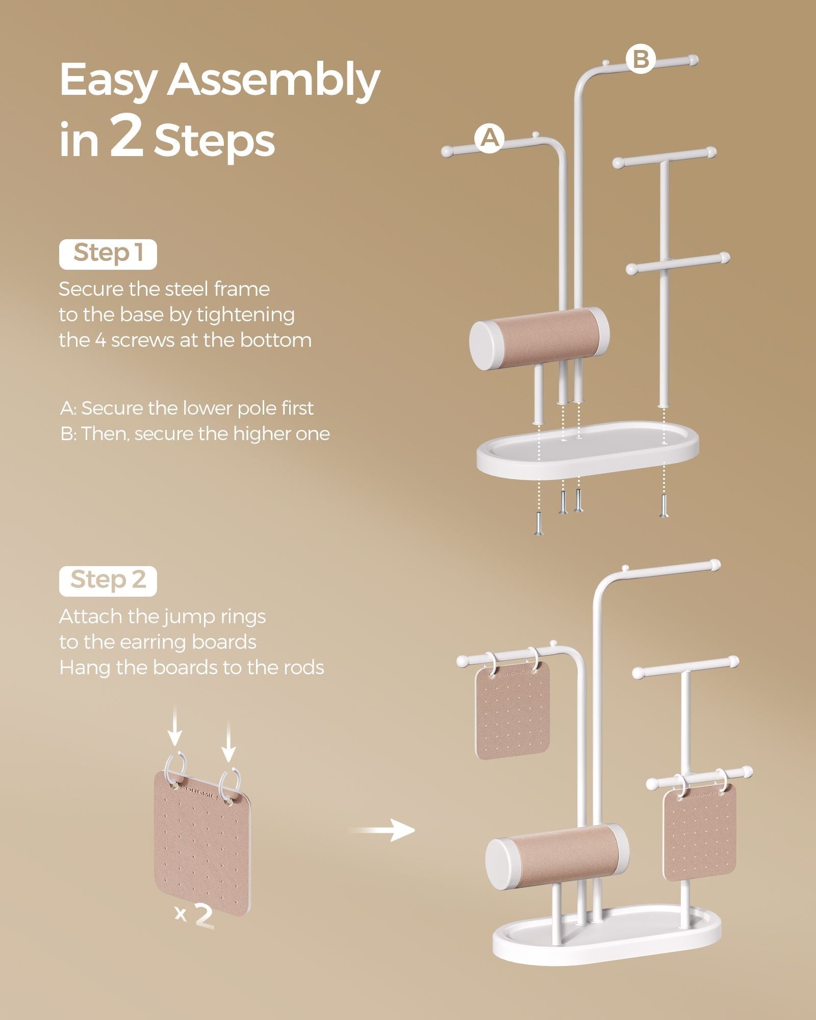 Jewellery Stand - Metal - Cloud White - 4 Hanging Rods and 2 Earring Boards