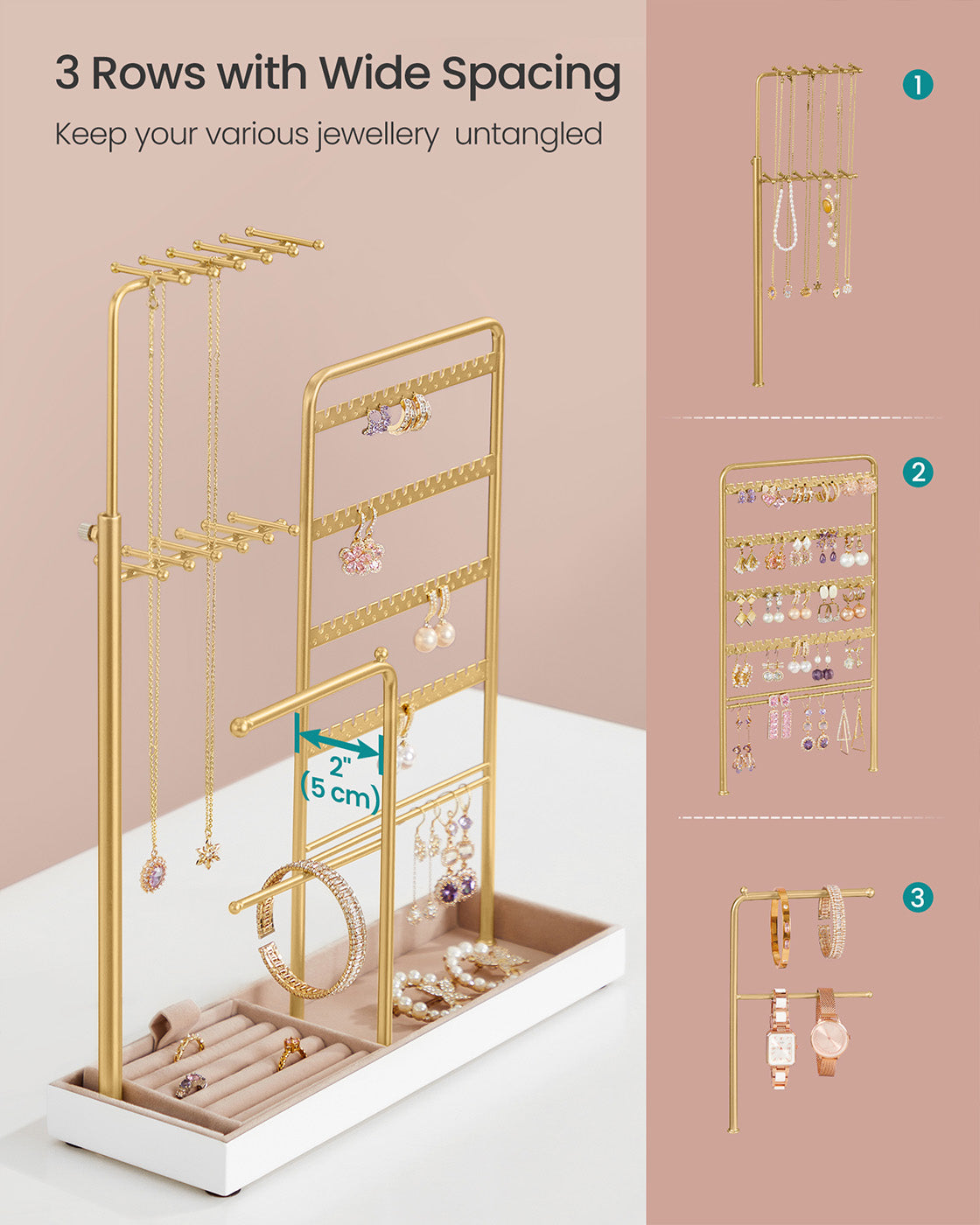 Jewellery Organiser - Metal Frame - Matte White - Adjustable Height Necklace Holder