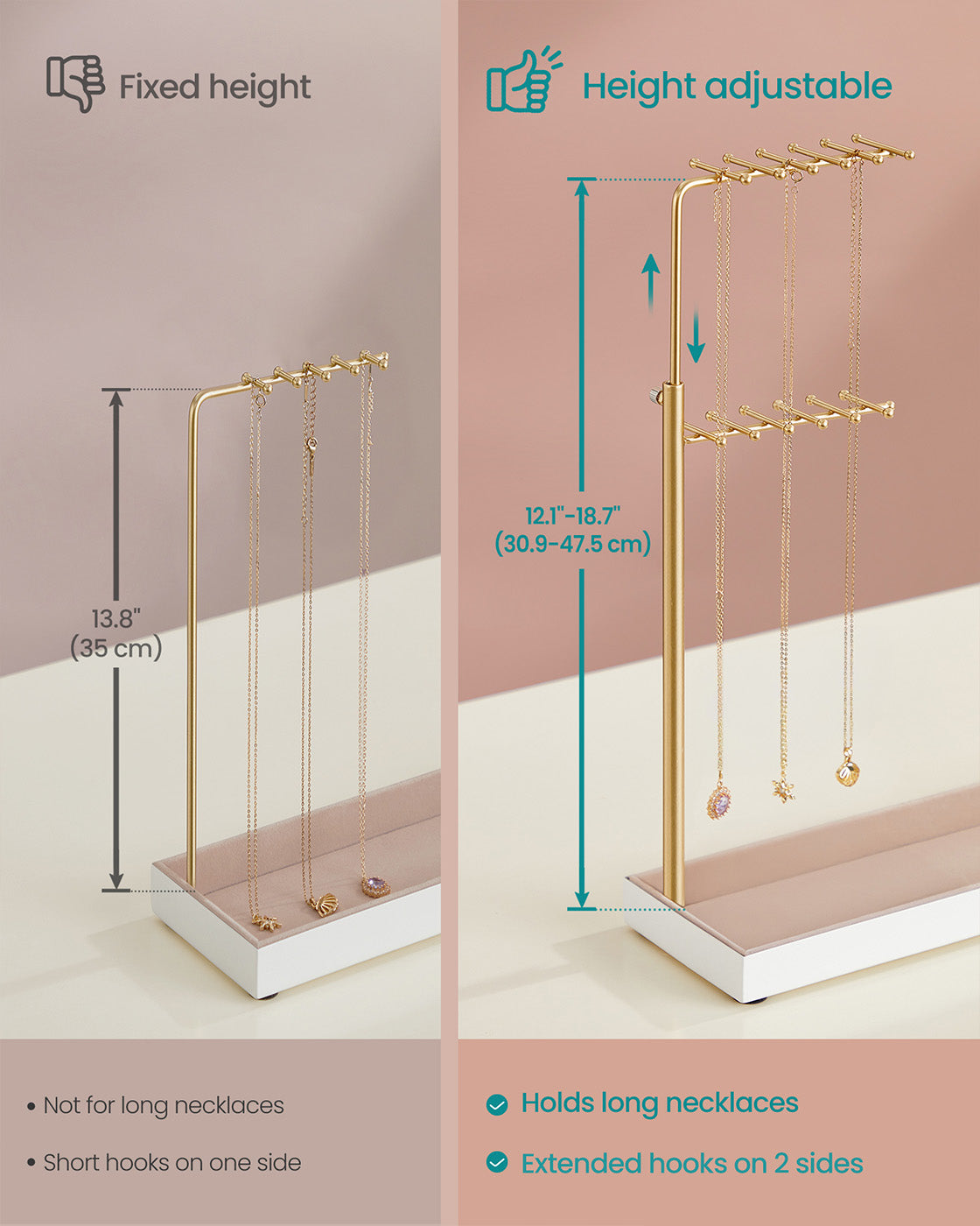 Jewellery Organiser - Metal Frame - Matte White - Adjustable Height Necklace Holder