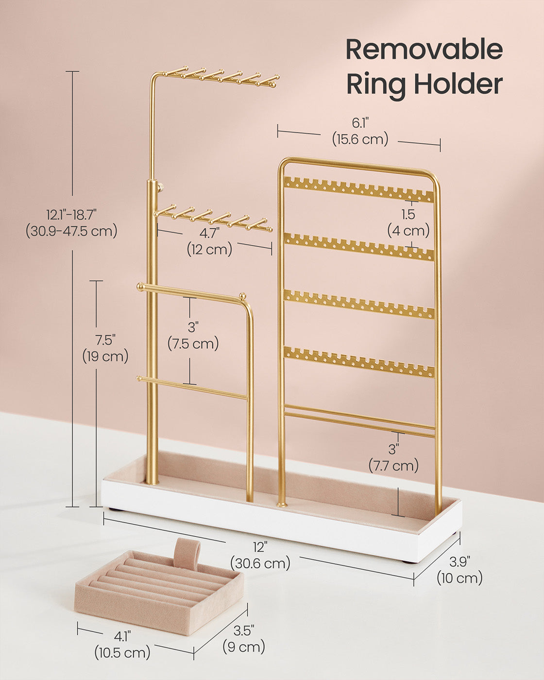 Jewellery Organiser - Metal Frame - Matte White - Adjustable Height Necklace Holder