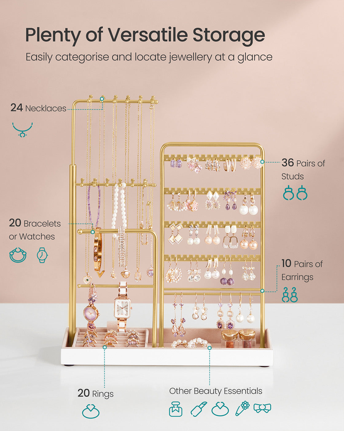 Jewellery Organiser - Metal Frame - Matte White - Adjustable Height Necklace Holder
