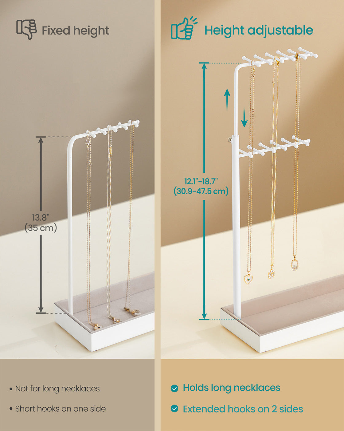 Jewellery Organiser - Metal Frame - Matte White - Adjustable Height Necklace Holder