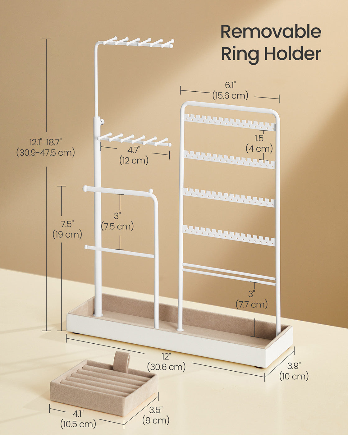 Jewellery Organiser - Metal Frame - Matte White - Adjustable Height Necklace Holder