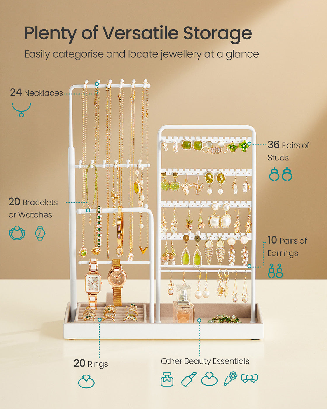 Jewellery Organiser - Metal Frame - Matte White - Adjustable Height Necklace Holder