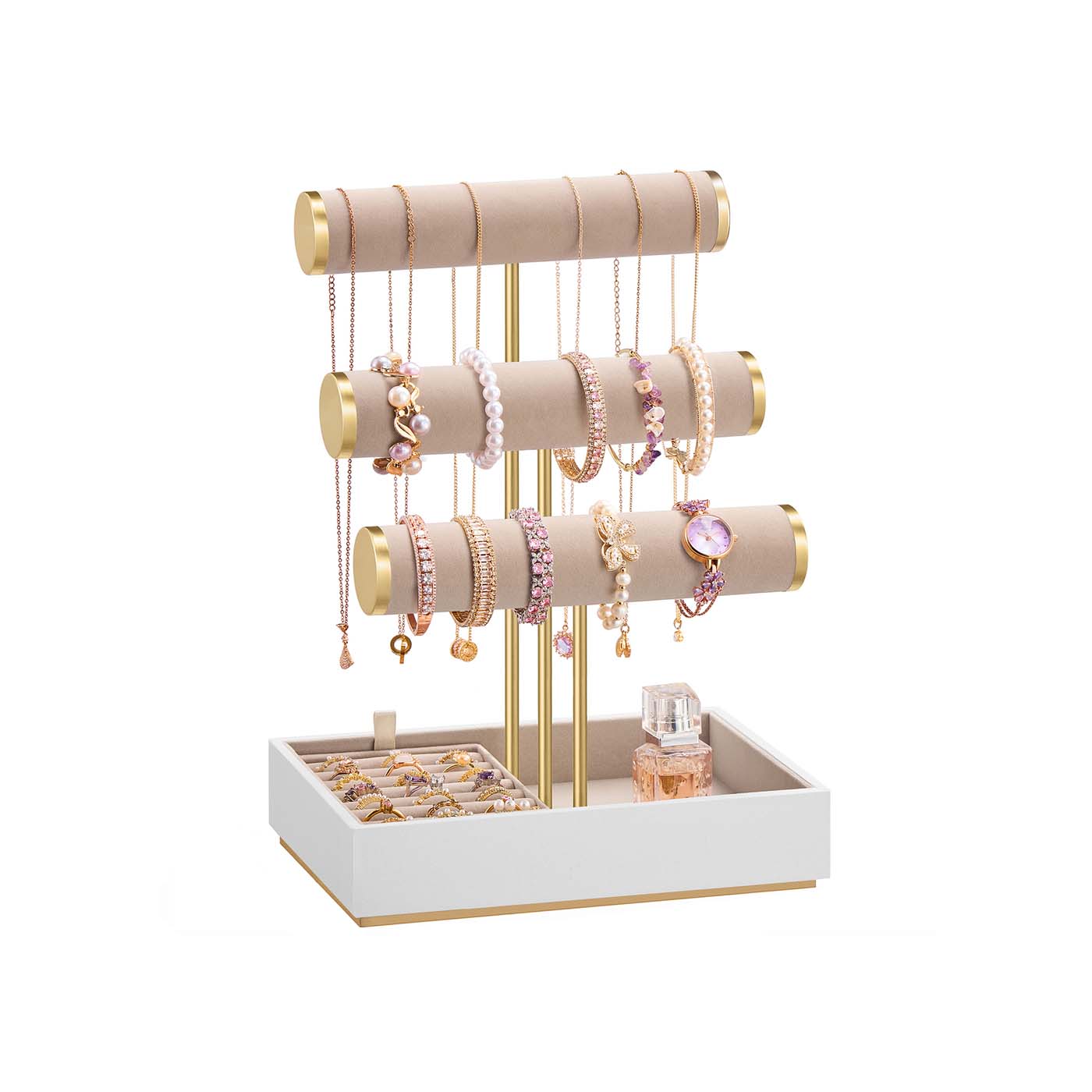 Jewellery Display Stand - Velvet - Cloud White - Three Tiers with Removable Holder