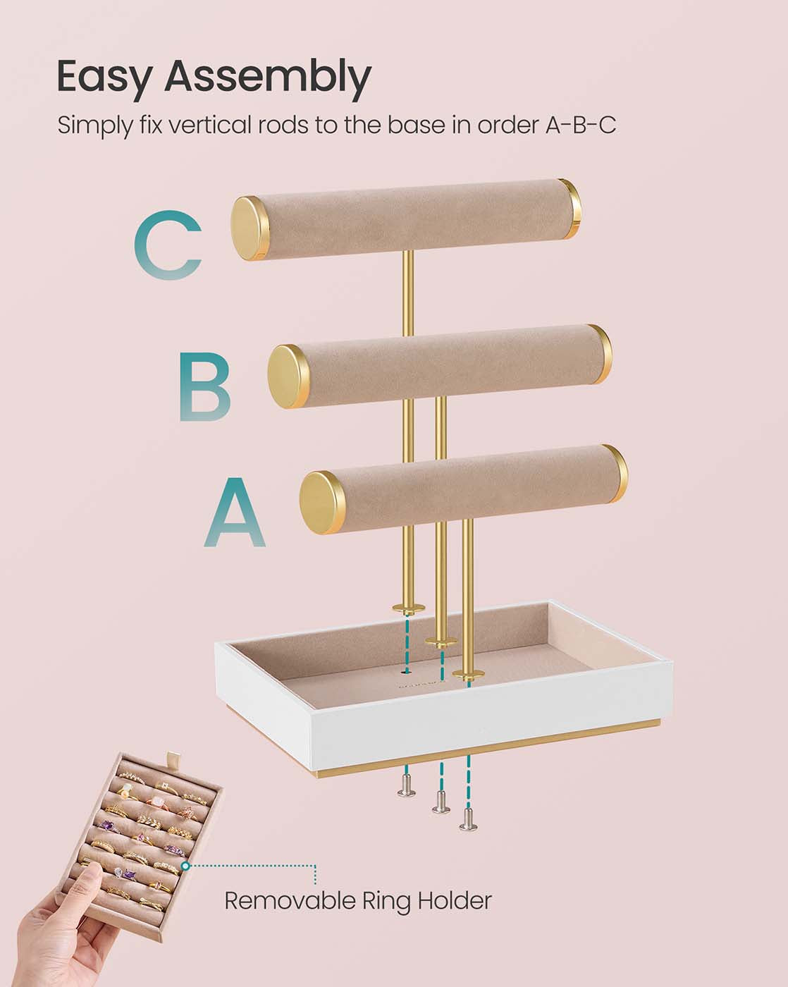 Jewellery Display Stand - Velvet - Cloud White - Three Tiers with Removable Holder