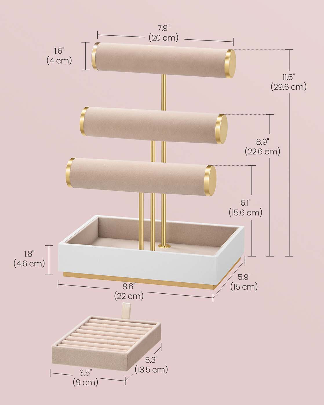 Jewellery Display Stand - Velvet - Cloud White - Three Tiers with Removable Holder