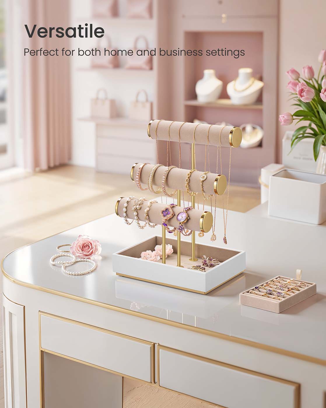 Jewellery Display Stand - Velvet - Cloud White - Three Tiers with Removable Holder