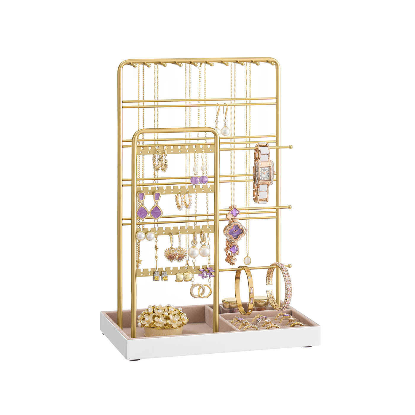 Jewellery Stand - Metal - Pale Gold - Velvet Tray with Earring and Necklace Holder