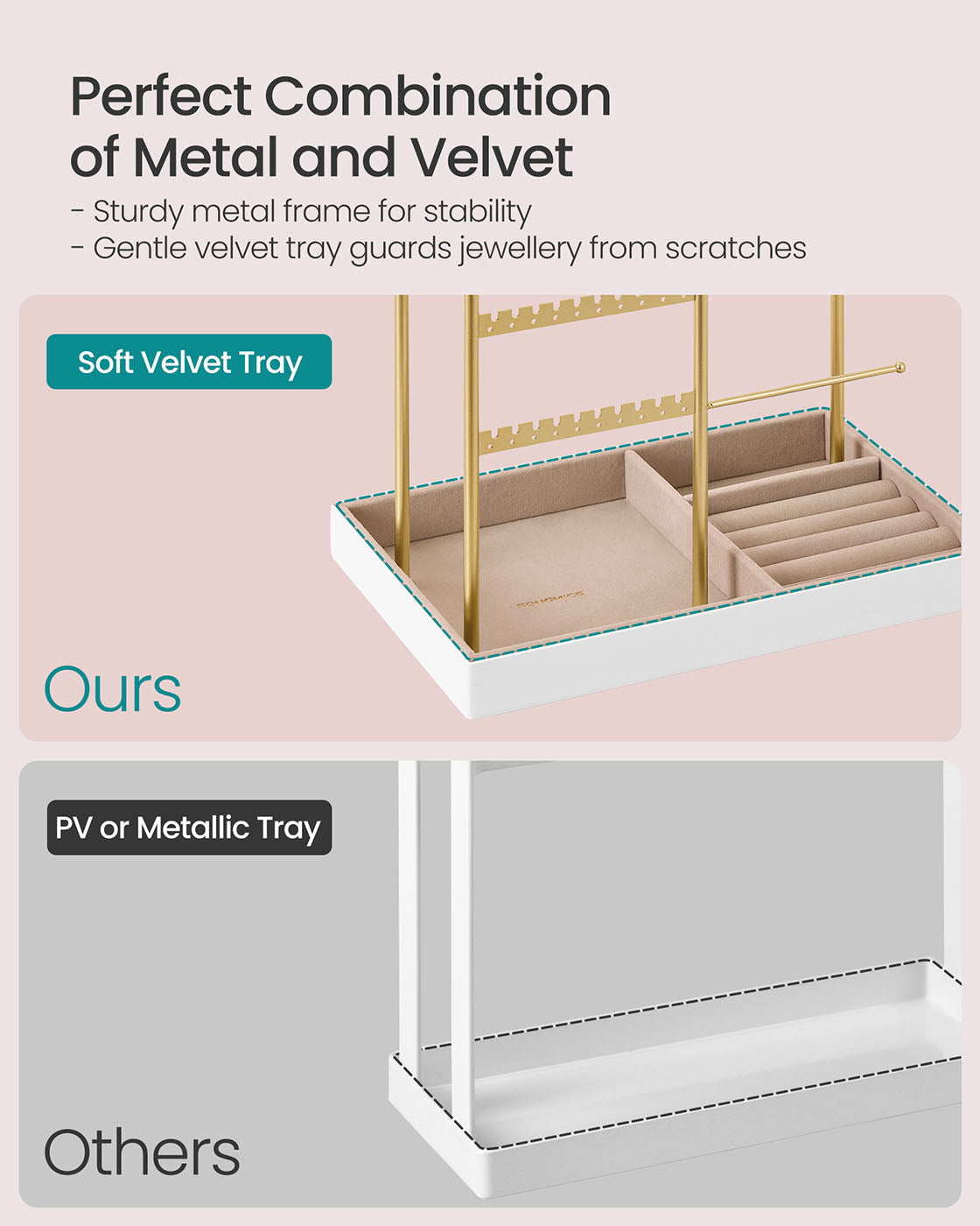 Jewellery Stand - Metal - Pale Gold - Velvet Tray with Earring and Necklace Holder