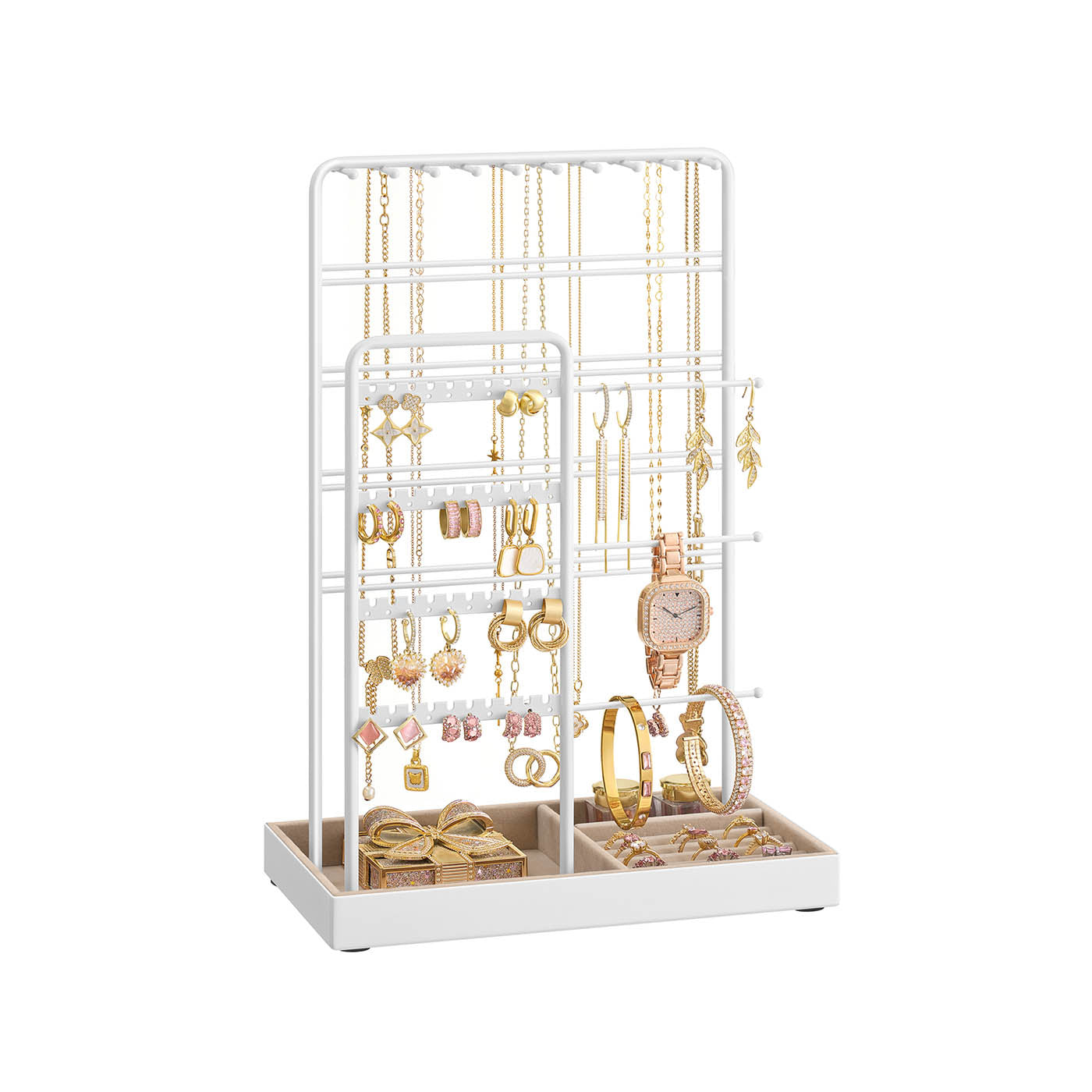 Jewellery Organiser - Metal Frame - Matte White - Velvet Tray with Earring and Bracelet Holders