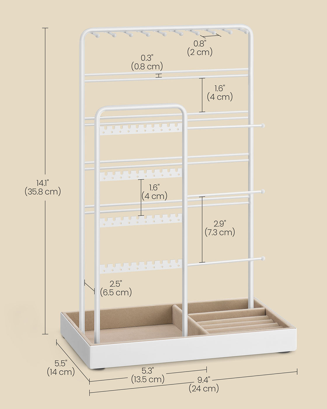 Jewellery Organiser - Metal Frame - Matte White - Velvet Tray with Earring and Bracelet Holders