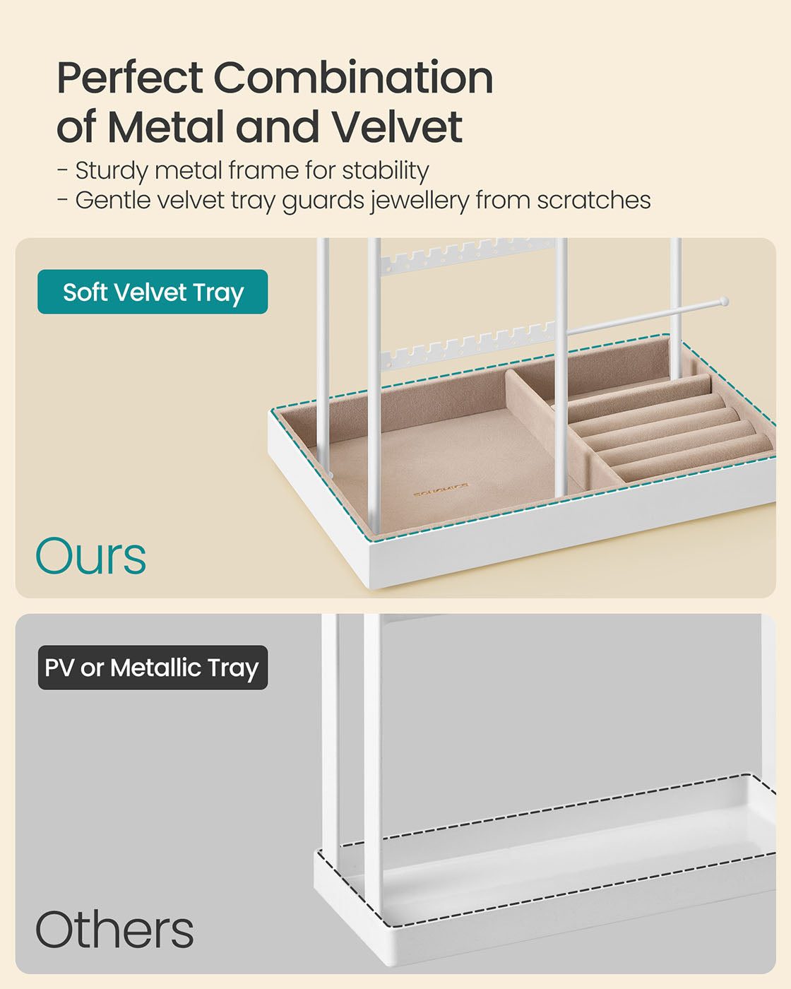 Jewellery Organiser - Metal Frame - Matte White - Velvet Tray with Earring and Bracelet Holders