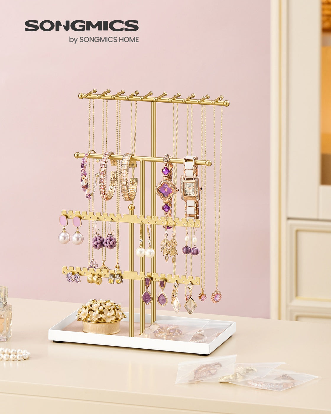 Jewellery Stand - Metal - Pale Gold - Velvet Tray and Organiser for Necklaces
