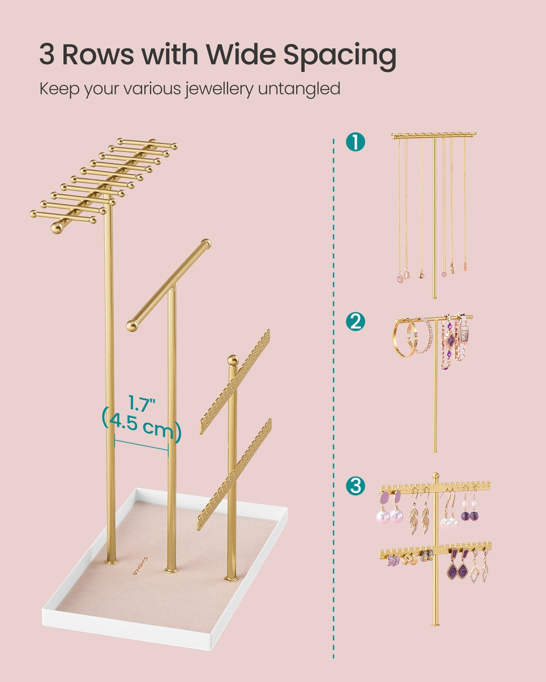Jewellery Stand - Metal - Pale Gold - Velvet Tray and Organiser for Necklaces