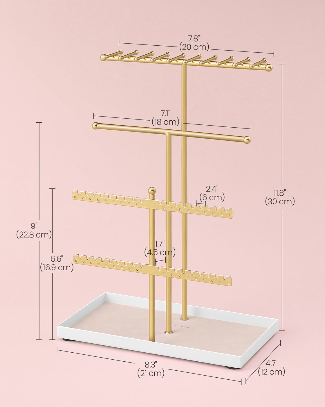 Jewellery Stand - Metal - Pale Gold - Velvet Tray and Organiser for Necklaces