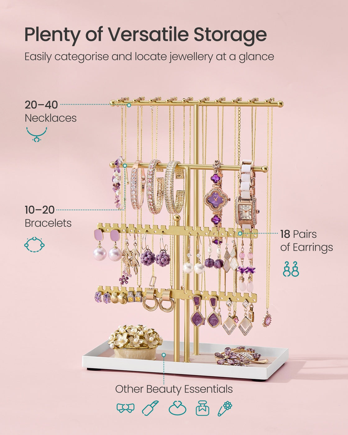 Jewellery Stand - Metal - Pale Gold - Velvet Tray and Organiser for Necklaces