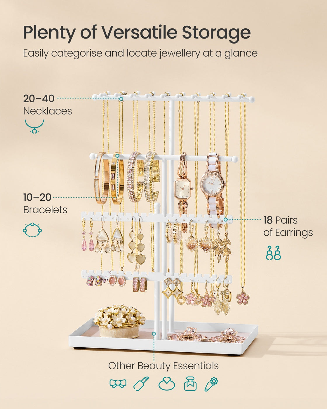 Jewellery Stand - Metal Frame - Matte White - Versatile Organiser for Necklaces