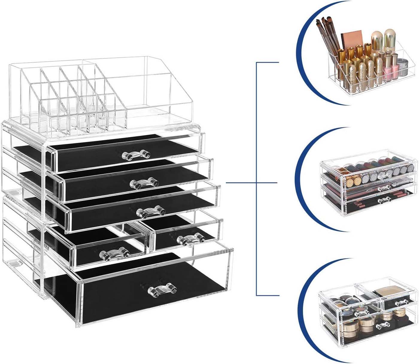 Stackable Makeup Organiser - 6 Drawer Design - Clear Acrylic - Large