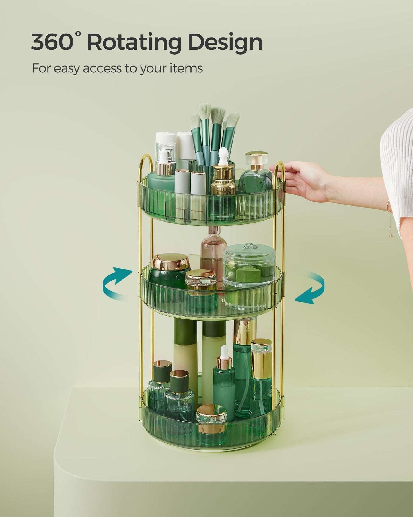 3-Tier Rotating Makeup Organiser - Plastic - Pale Green - Customisable Design