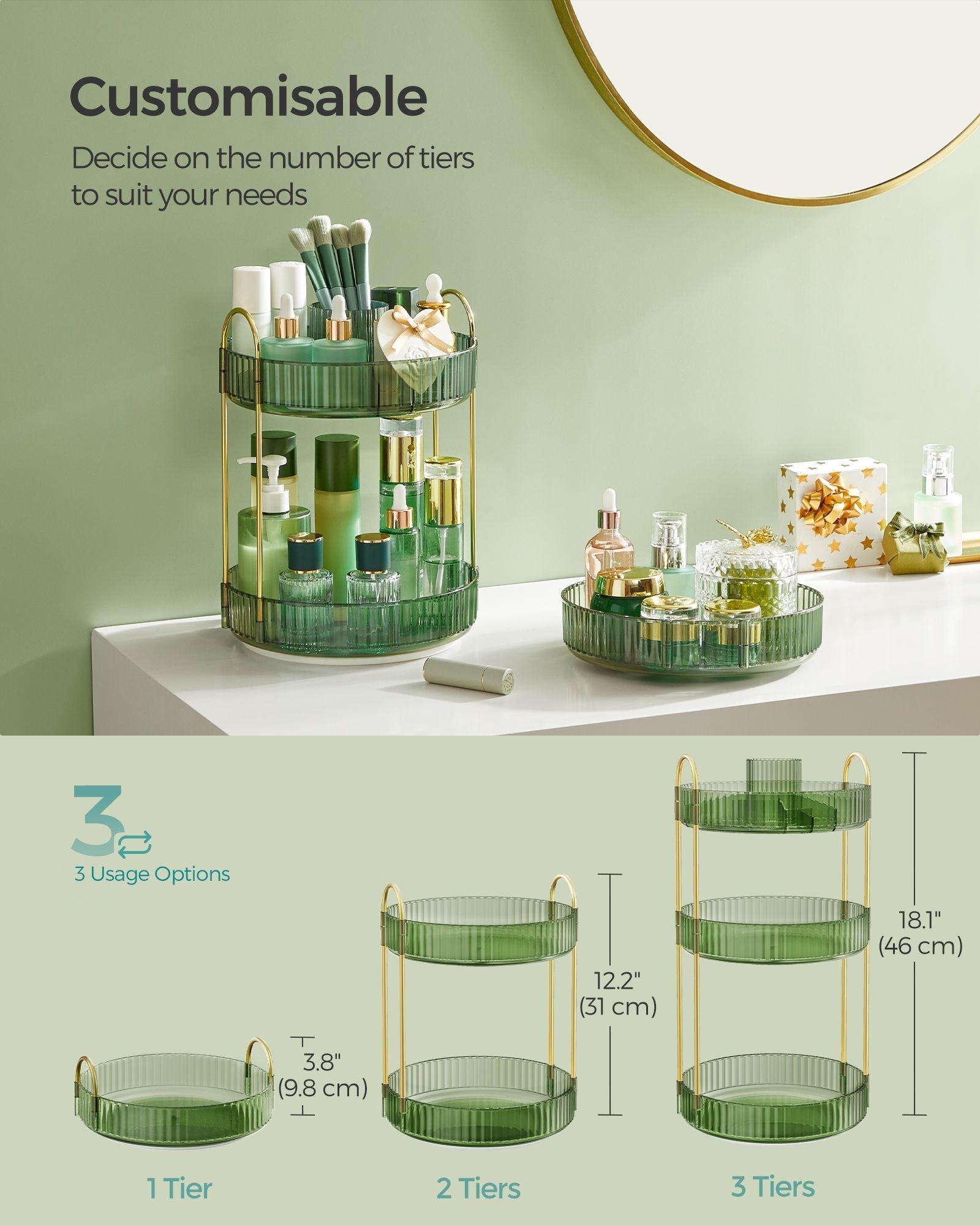 3-Tier Rotating Makeup Organiser - Plastic - Pale Green - Customisable Design