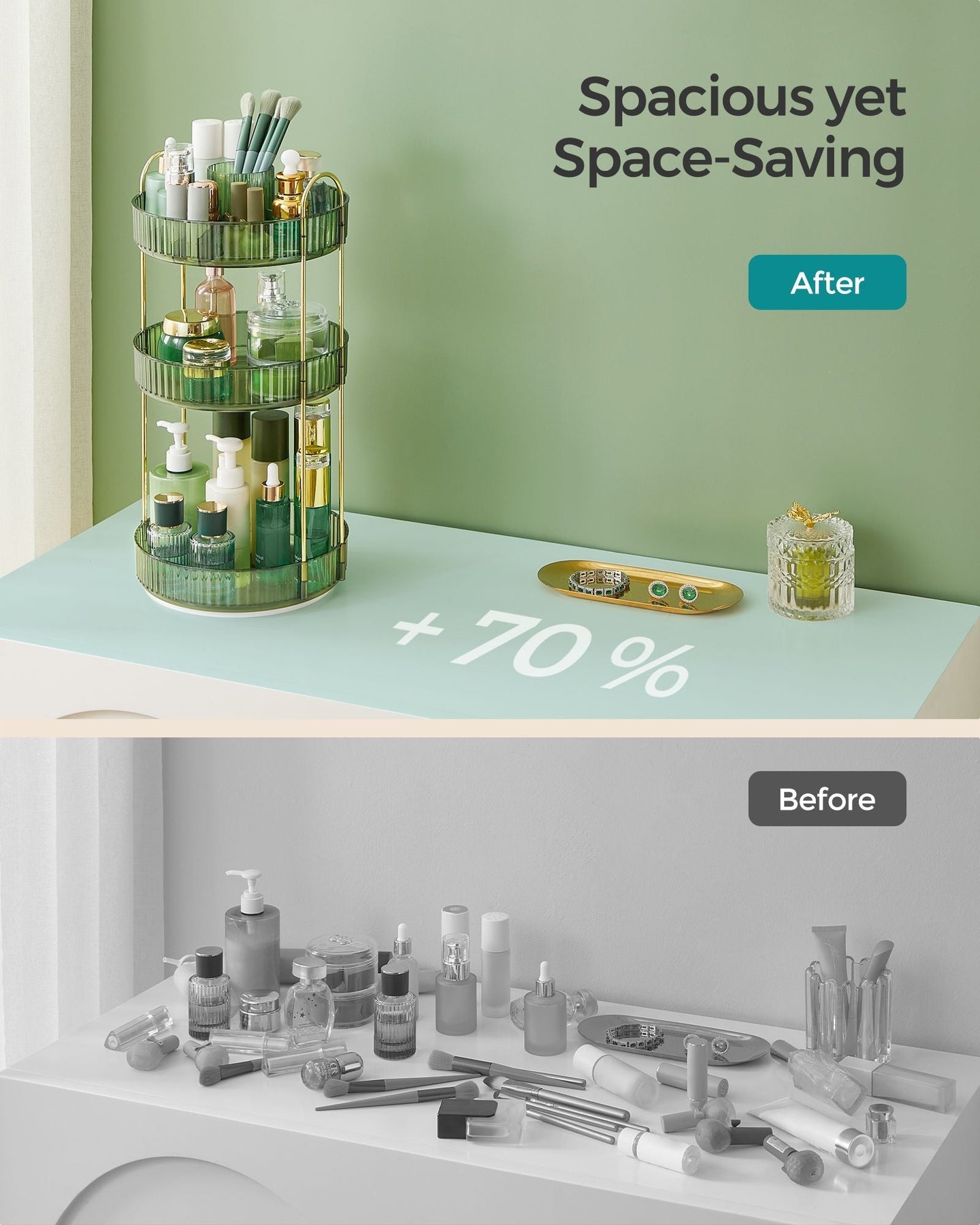 3-Tier Rotating Makeup Organiser - Plastic - Pale Green - Customisable Design