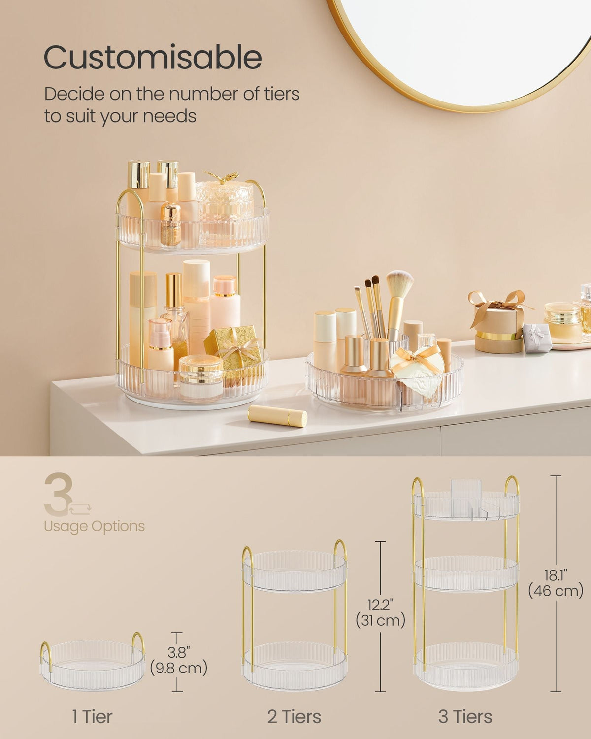 3-Tier Round Rotating Makeup Organiser - Acrylic - Transparent - Customisable