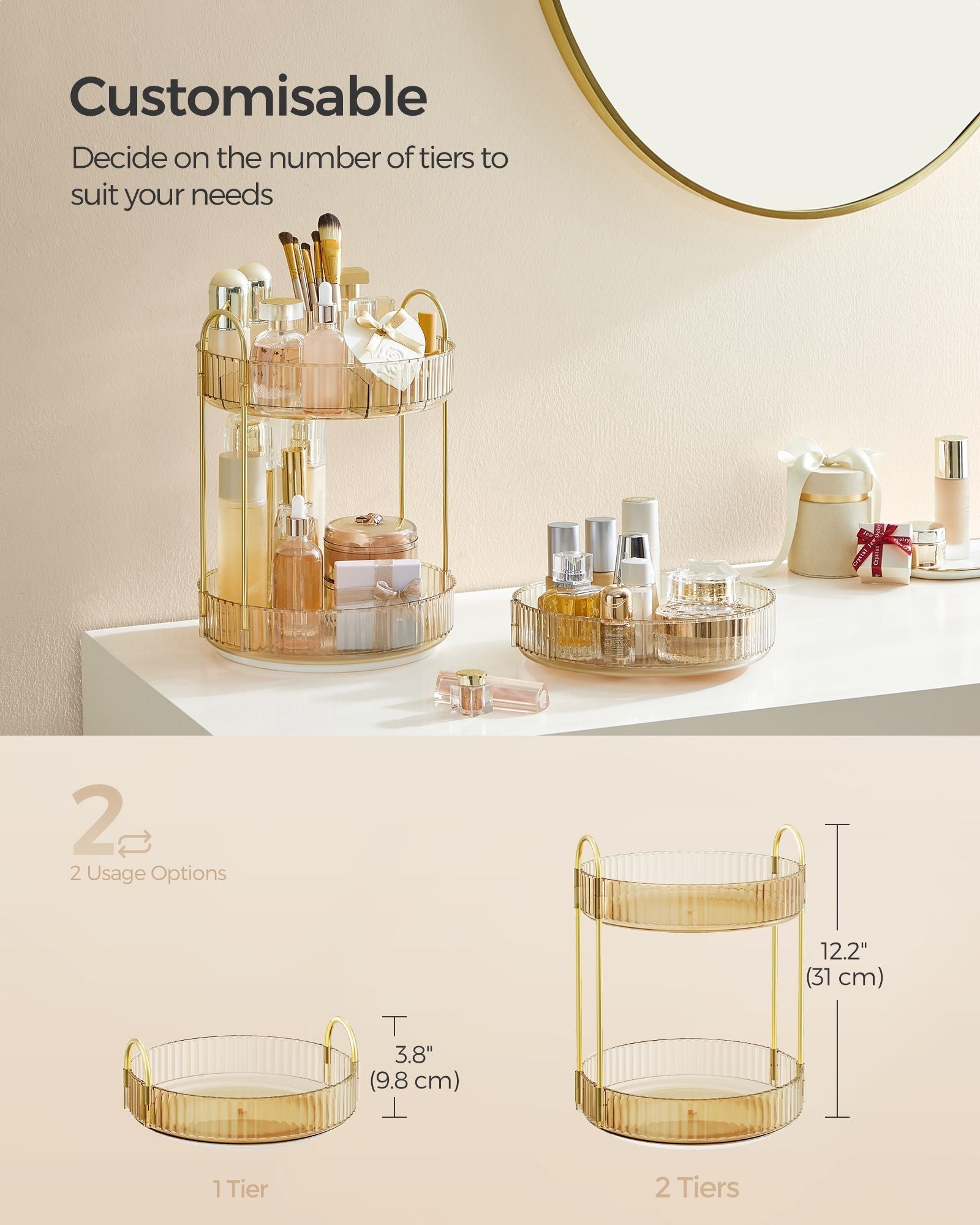 Rotating Makeup Organiser - Metal - Champagne Gold - Customisable 2-Tier Design