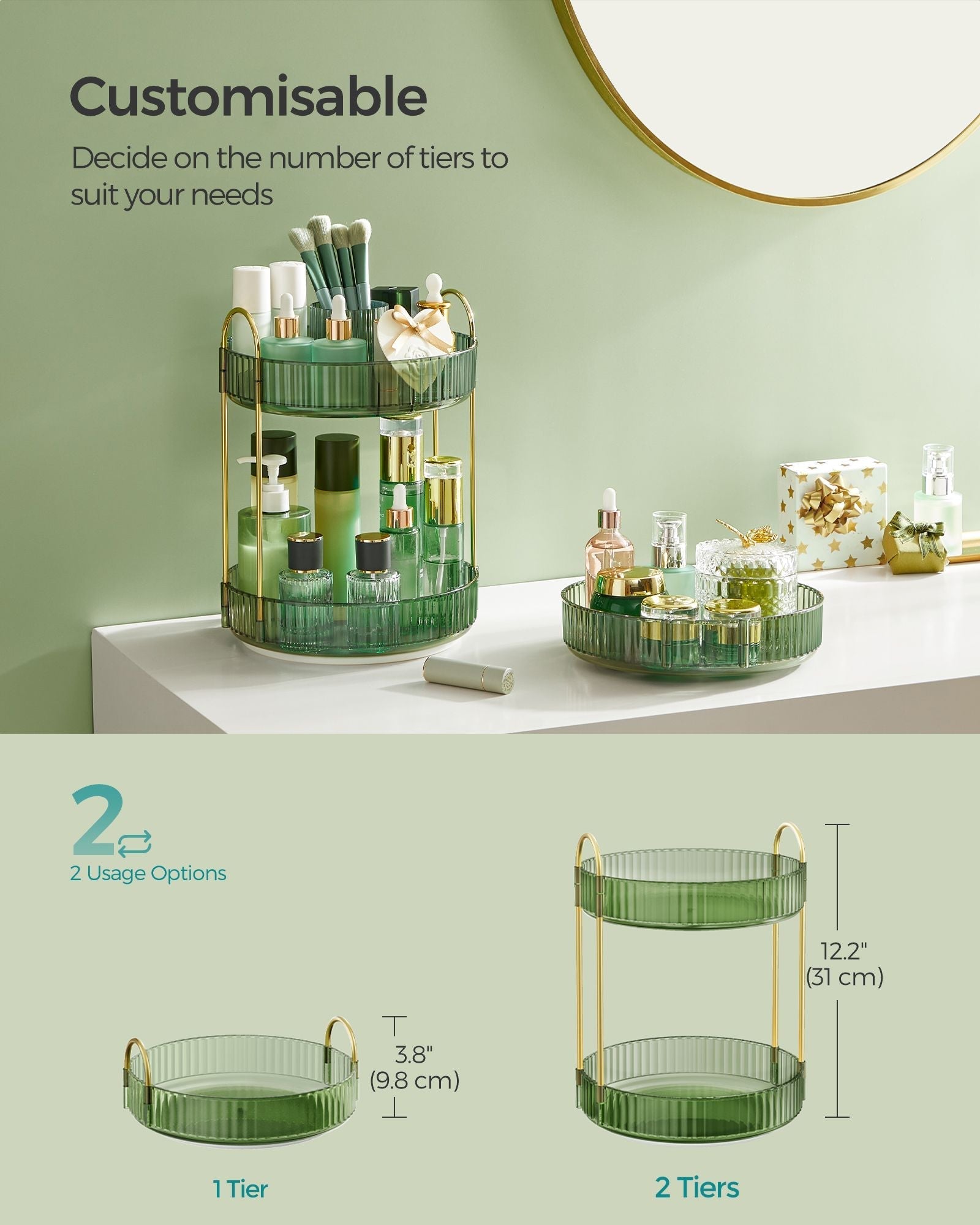 Rotating Makeup Organiser - Plastic - Pale Green - Customisable 2-Tier Design