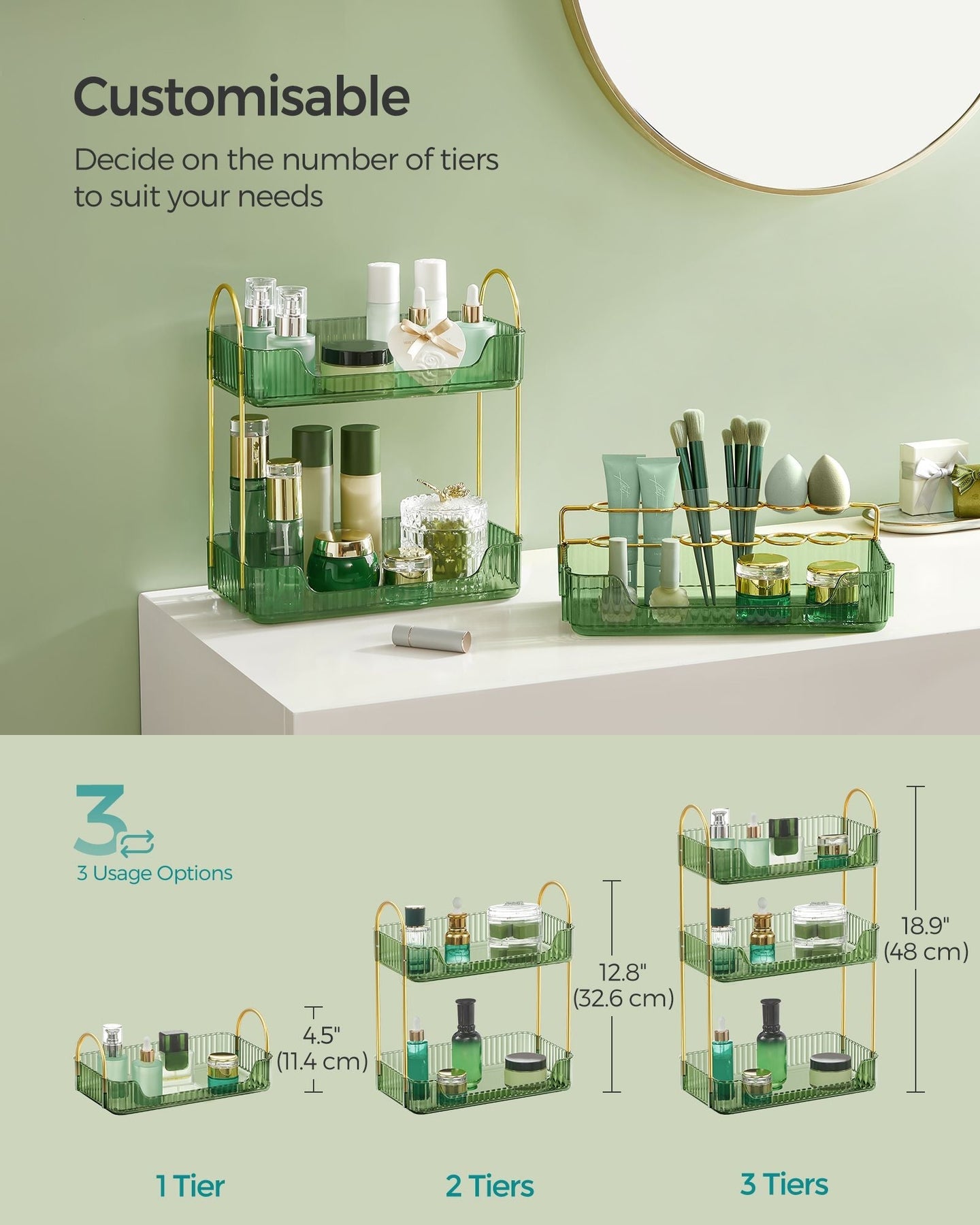 3-Tier Makeup Organiser - Plastic - Pale Green - Customisable Skincare and Jewellery Storage