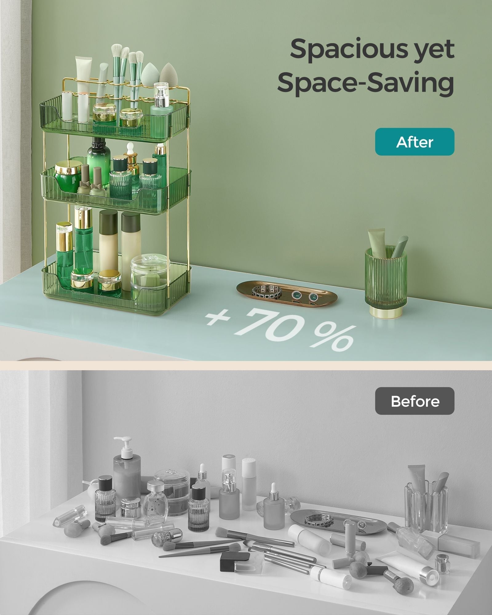 3-Tier Makeup Organiser - Plastic - Pale Green - Customisable Skincare and Jewellery Storage
