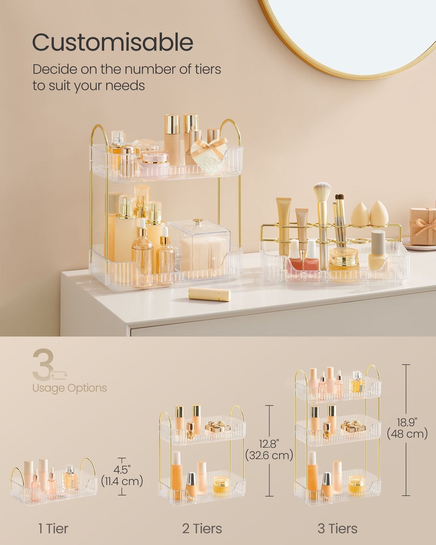 3-Tier Rectangular Makeup Organiser - Acrylic - Transparent - Customisable