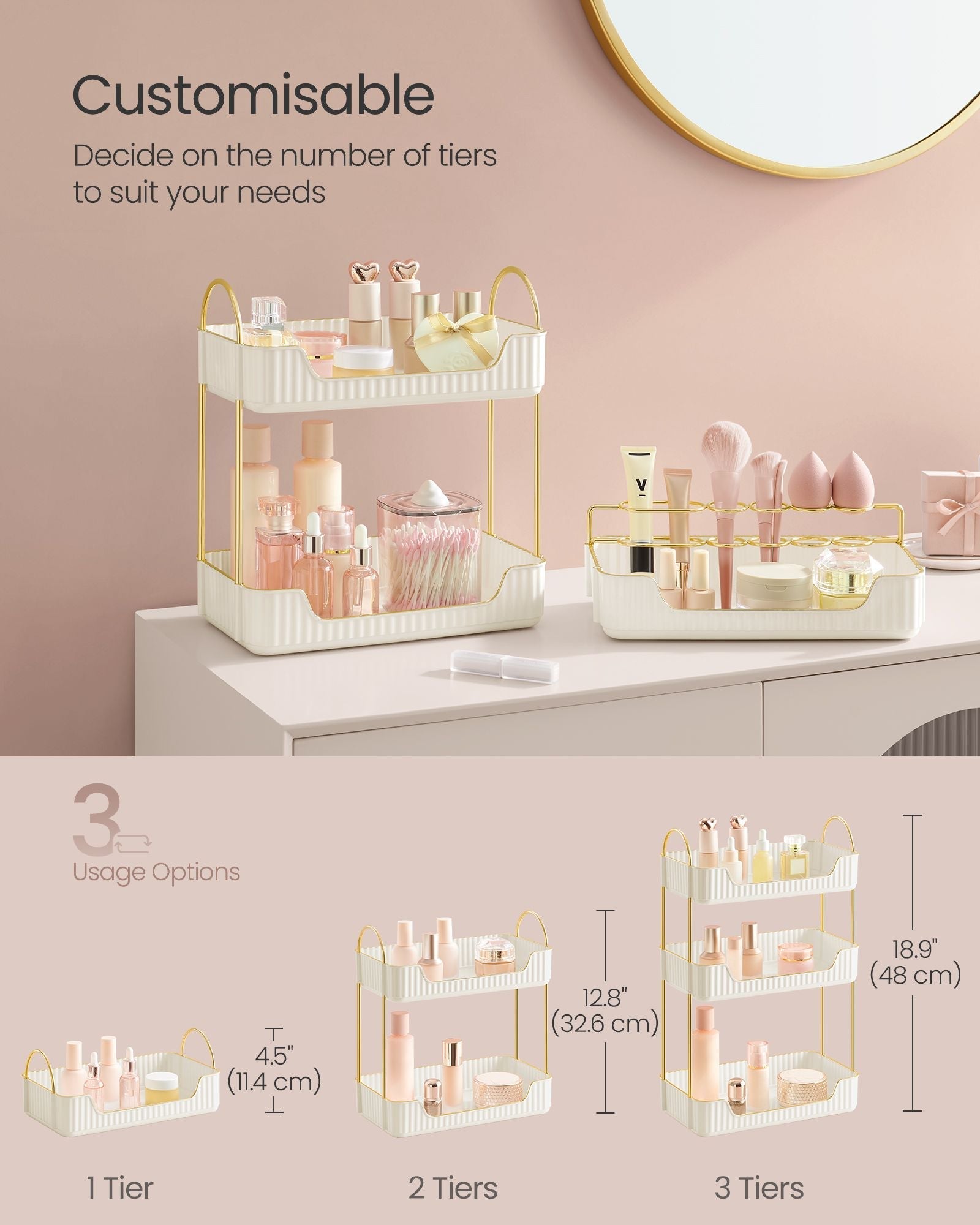 3-Tier Rectangular Makeup Organiser - Acrylic - Cloud White - Customisable Skincare and Jewellery Holder