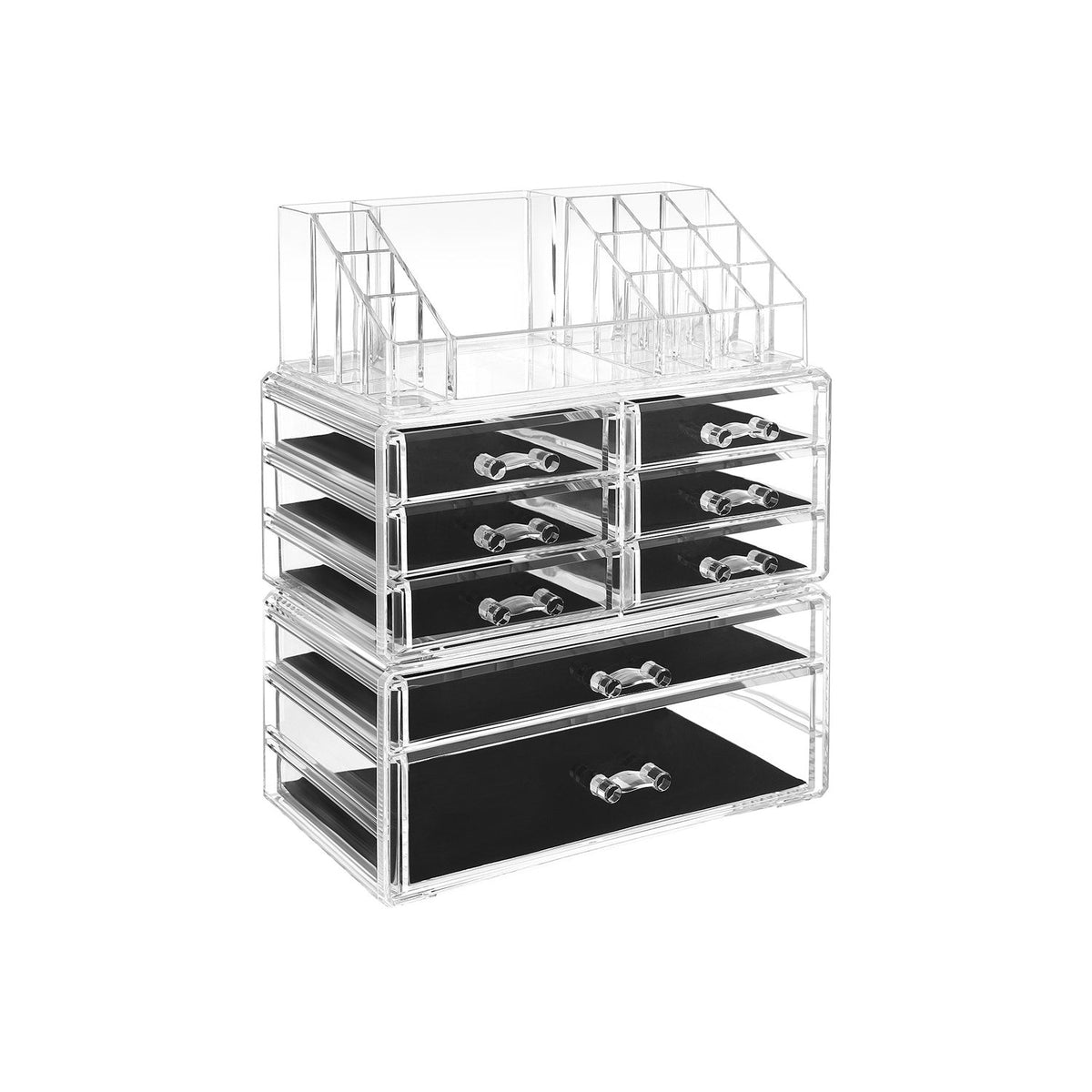 3 Piece Transparent Acrylic Cosmetic Organizer Set - Clear - Features 8 Drawers for Lipsticks and Jewelry