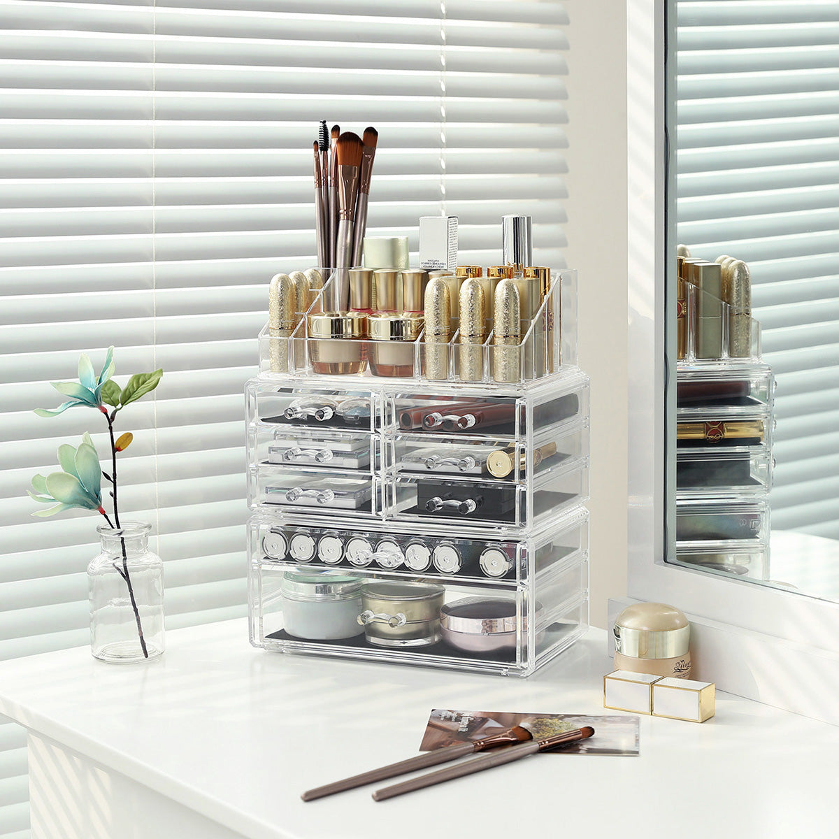 3 Piece Transparent Acrylic Cosmetic Organizer Set - Clear - Features 8 Drawers for Lipsticks and Jewelry