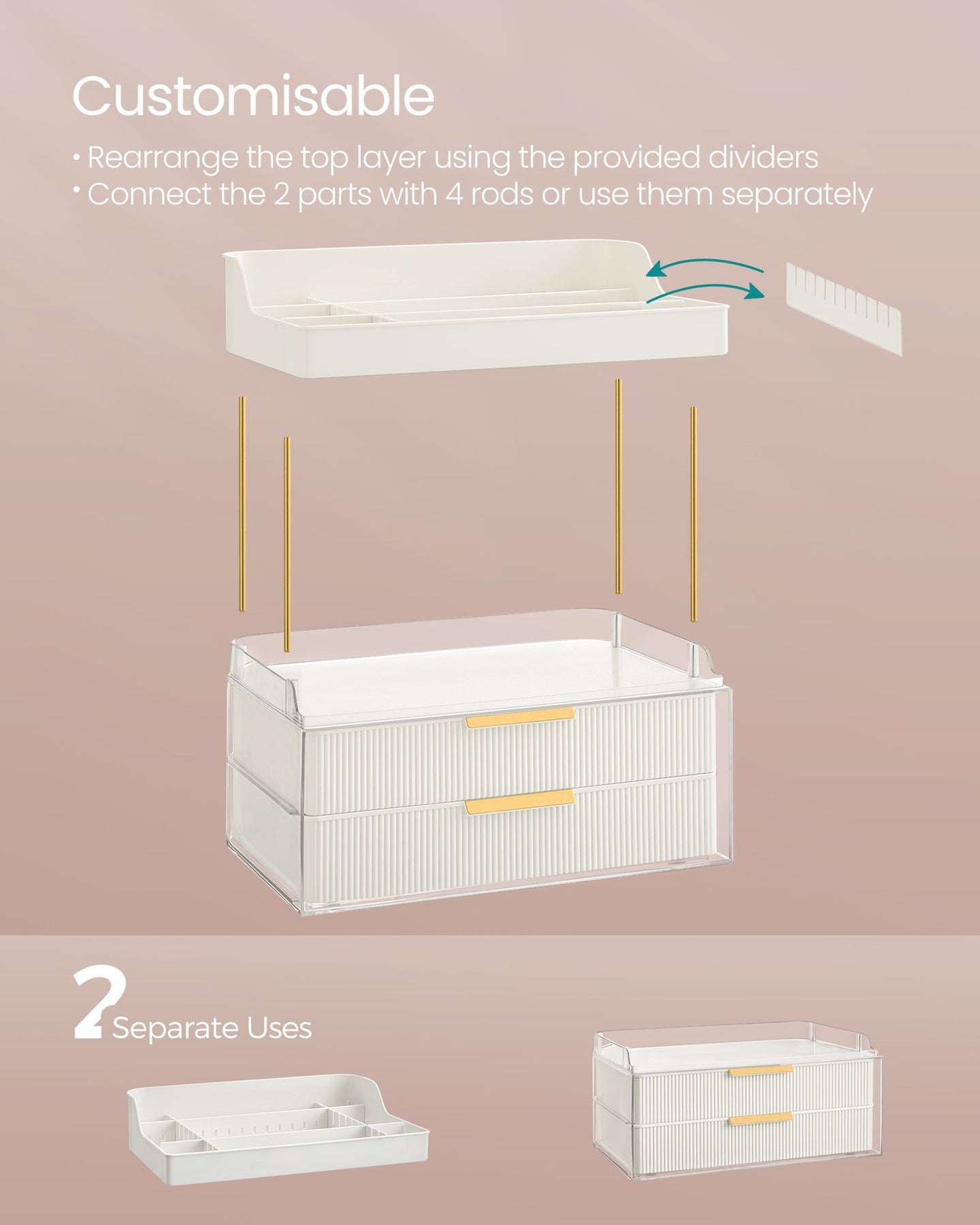 Makeup Organiser - Acrylic - Cloud White - 4 Layers with Dividers and Anti-Slip Design