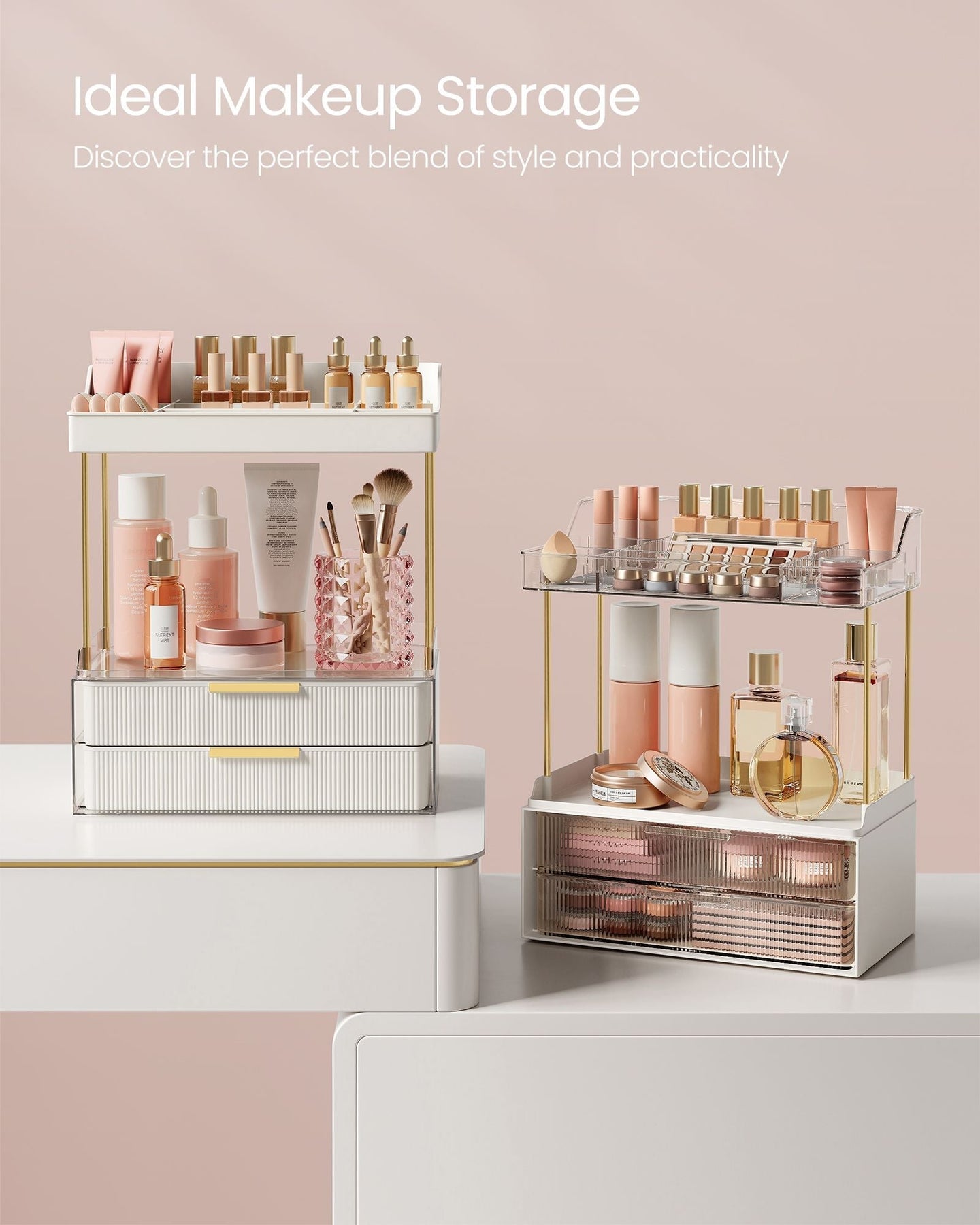 Makeup Organiser - Acrylic - Cloud White - 4 Layers with Dividers and Anti-Slip Design