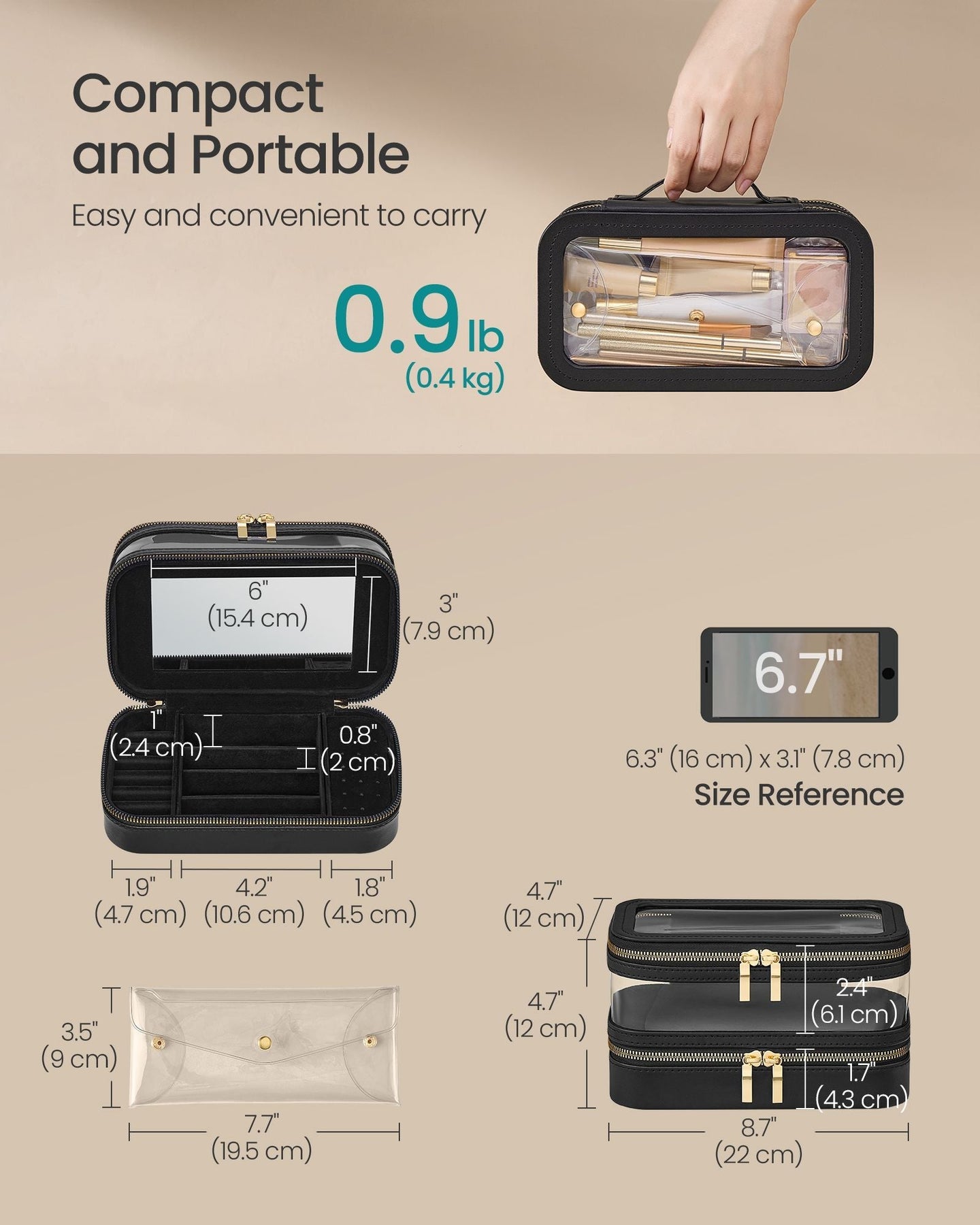 Makeup Bag - Fabric - Ink Black - Portable with Separate Brush Bag Pouch